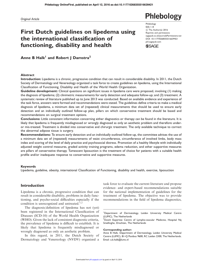 First page of First Dutch guidelines on lipedema using the International Classification of Functioning, Disability and Health