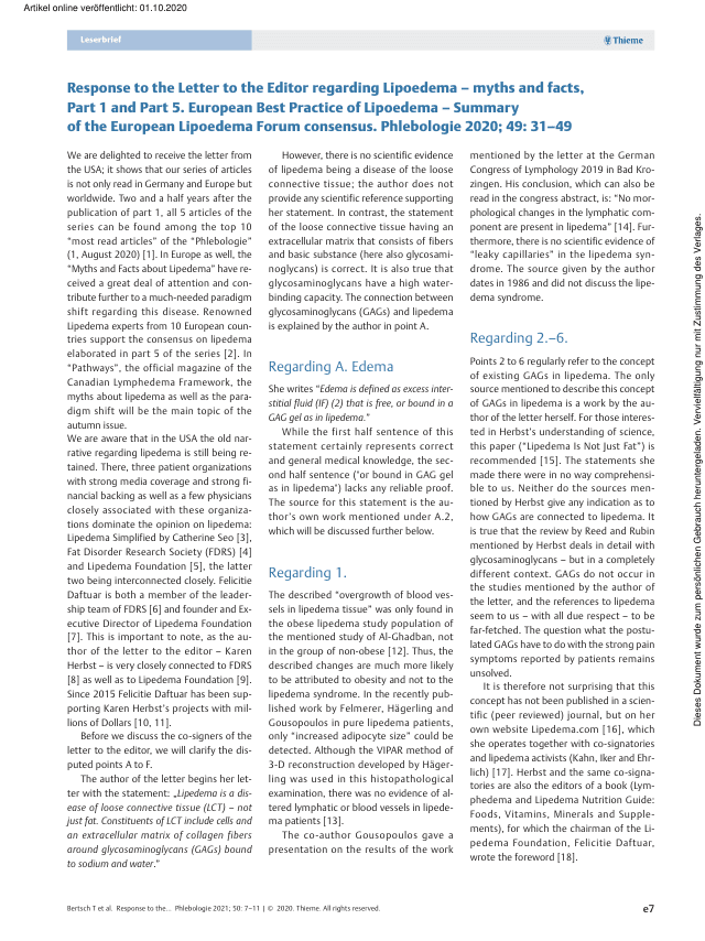 First page of Response to the Letter to the Editor regarding Lipoedema: myths and facts